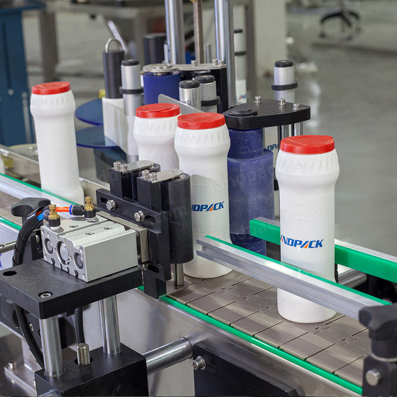 Automatic Double Heads Talcum Powder Bottle Filling Cap Pressing Labeling Machine Line