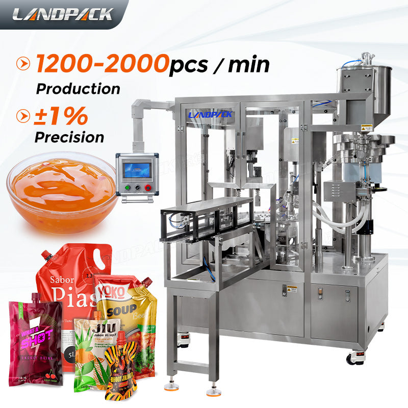 High Speed Double Heads Liquid Spout Pouch Squeeze Pouch Rotary Filling Capping Machine