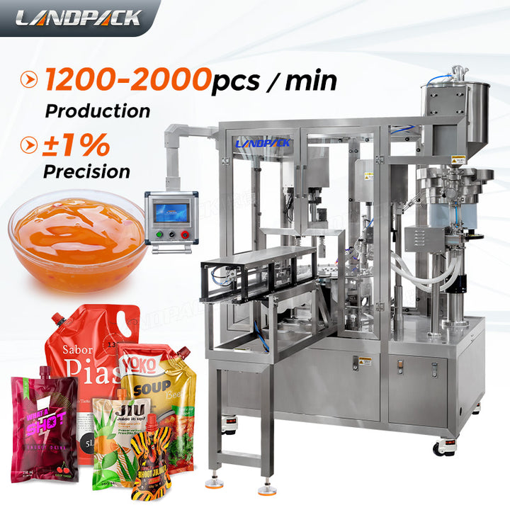 High Speed Double Heads Liquid Spout Pouch Squeeze Pouch Rotary Filling Capping Machine