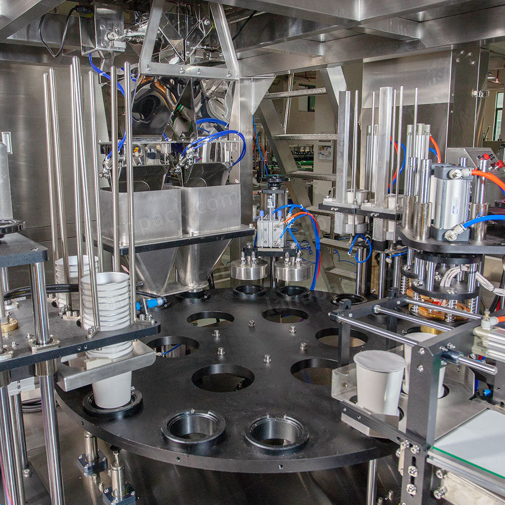 Automatic Snack Puffed Food Popcorn Cup Filling Sealing Machine Production Line