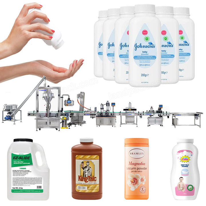 Full Automatic Talcum Powder Bottle Filling Capping Labeling Machine Line