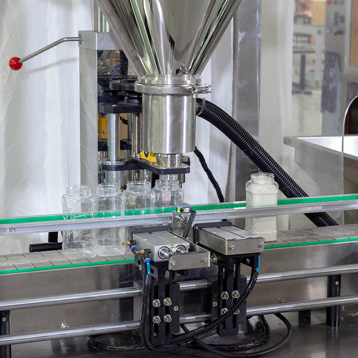 Full Automatic Talcum Powder Bottle Filling Capping Labeling Machine Line
