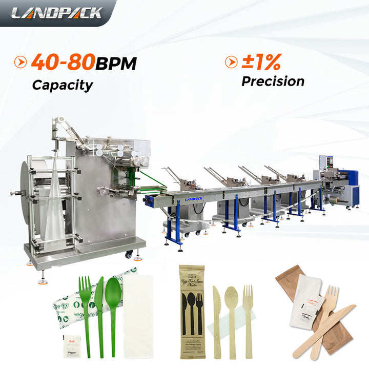 Full Automatic Cutlery Set Packing Machine for Napkin, Spoon, Fork, Knife, and Toothpick