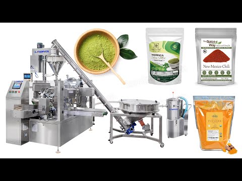 Automatic Spice Powder Rotary Doypack Filling Sealing Machine with Screw Feeder, Dust Collector and Spoon Dispenser