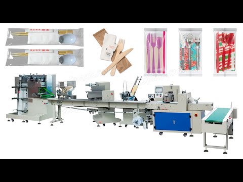 Automatic Plastic Cutlery Flow Pack Machine – Complete Napkin + Fork + Spoon Packing Line